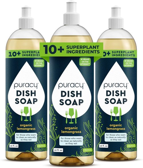 Puracy Natural Dish Soap - Skin-Softening Plant-Based Formula | Organic Lemongrass, 16 fl oz, 3 Pack