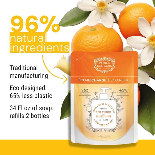 Panier des Sens Orange Blossom Hand Soap Refill - Moisturizing Liquid Soap with Coconut Oil - 34 Fl Oz for Kitchen & Bathroom