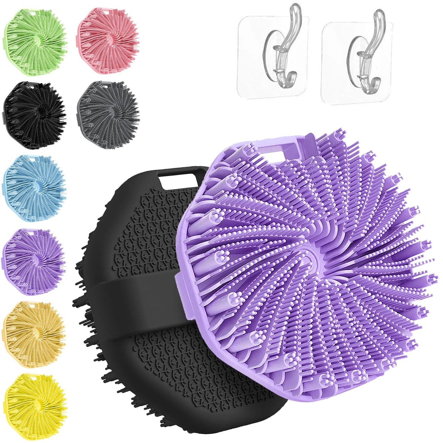 Scrubbies - Scrubbies The Sud Bud, Premium Soft Silicone Body Scrubber Shower Bath Brush with Non-Slip Hand Strap, Lather Nicely, Gentle Exfoliating, for All Skin Types (2pcs Black&Purple)