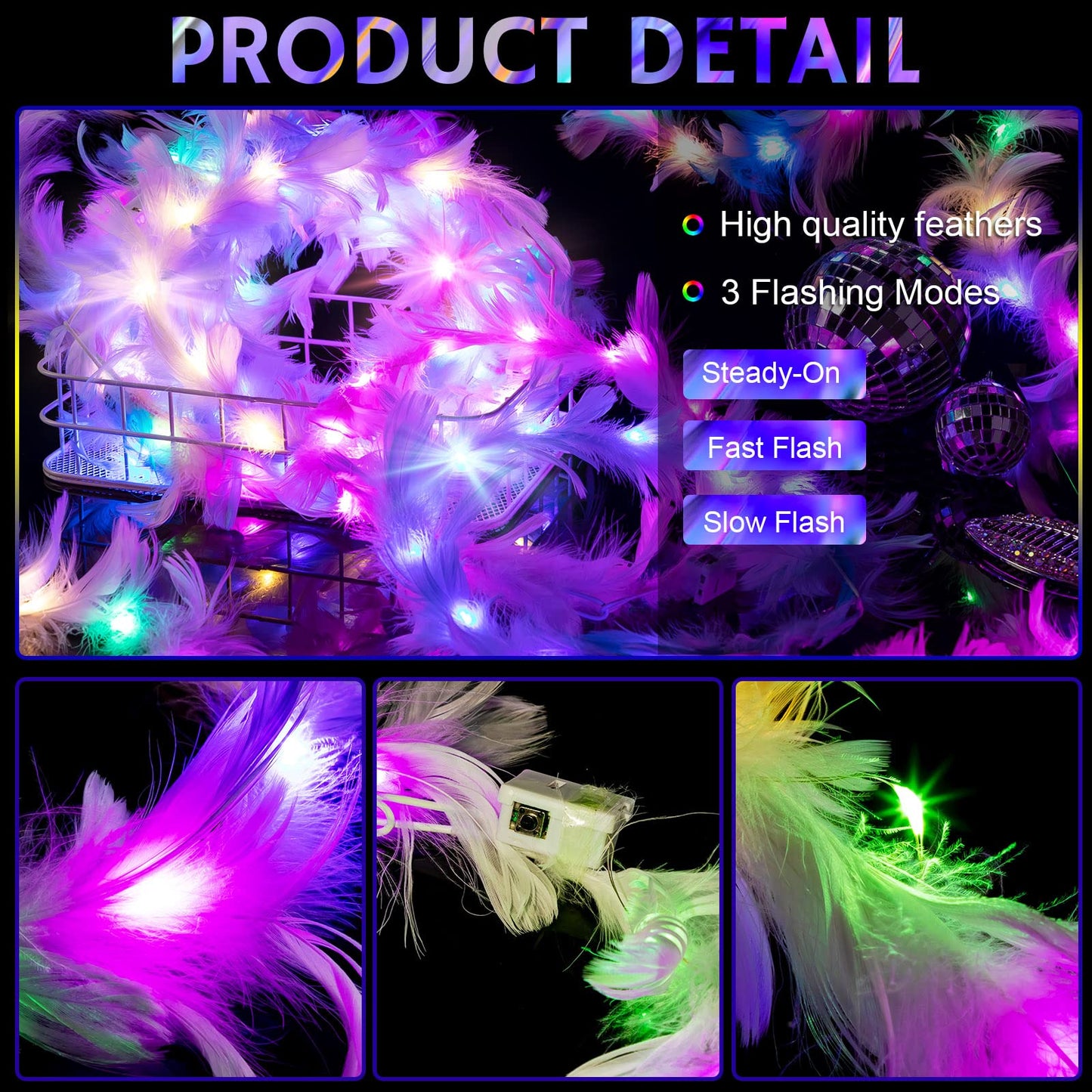Janinka 28 Pcs Feather Crown Headband - 6 Styles LED Light Up Hair Accessories with 3 Light Modes for Women Girls Wedding Festival Party