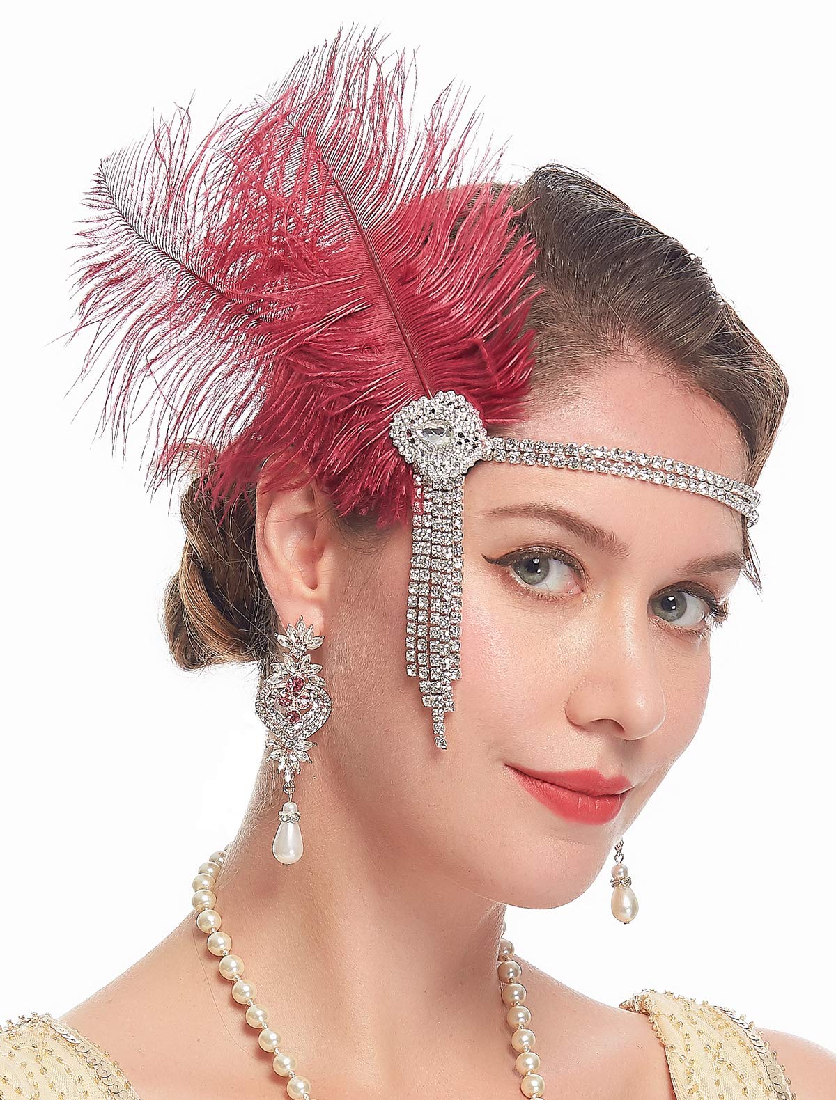 Cizoe 1920s Flapper Peacock Feather Headband Great Gatsby Bridal Crystal Headpiece Apricot (A-maroon)