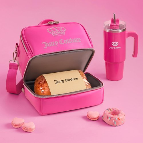 Juicy Couture Double Zip Lunch Tote Bag - Insulated Cooler with Adjustable Strap | Hot Pink Bling Crown Design