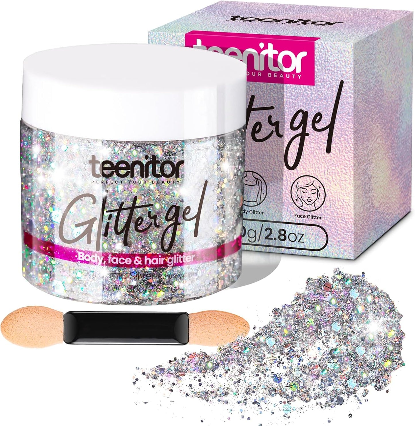 Teenitor Body Glitter Gel - Holographic Chunky Makeup for Face, Hair & Eyes - Silver