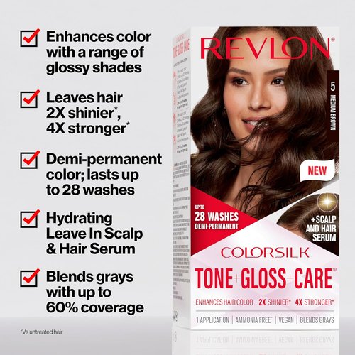 Revlon ColorSilk Demi Permanent Hair Color Kit - Glossy Shine & Care Serum, 6G Light Golden Brown, 4.5 fl oz