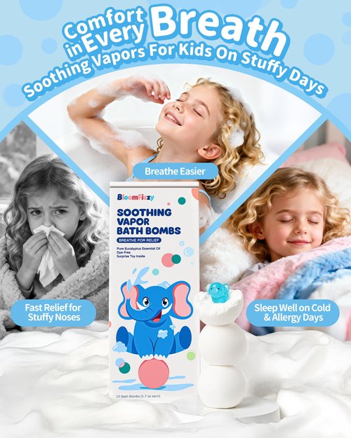 BloomFizzy Soothing Vapor Bath Bombs for Kids with Surprise Toys Inside, Eucalyptus & Lavender Essential Oils, Dye-Free Aromatherapy Bath Fizzies, 10 Pack