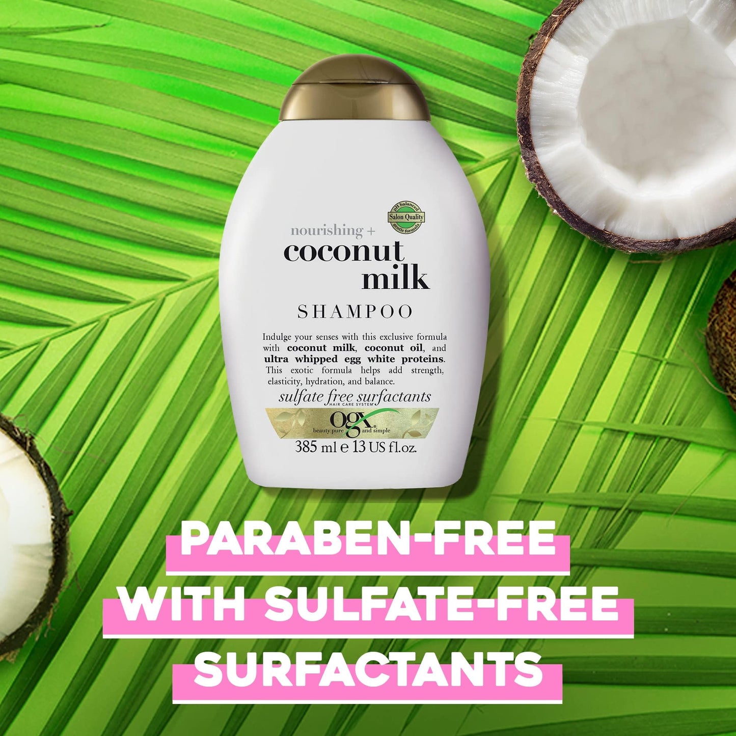 OGX Nourishing Coconut Milk Shampoo for Strong, Healthy Hair with Coconut Oil, Egg White Protein, Sulfate-Free, 13 fl oz (Pack of 2)