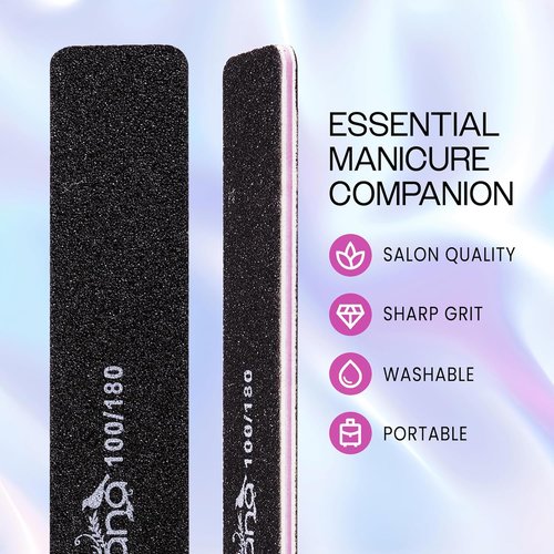 PANA Jumbo Size Double-Sided Nail Files - 10PCS Black Emery Board, 100/180 Grit for Manicure & Pedicure