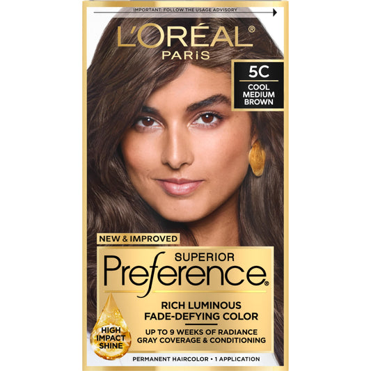 L'Oreal Paris Superior Preference Fade-Defying + Shine Permanent Hair Color, 5C Cool Medium Brown, Pack of 1, Hair Dye