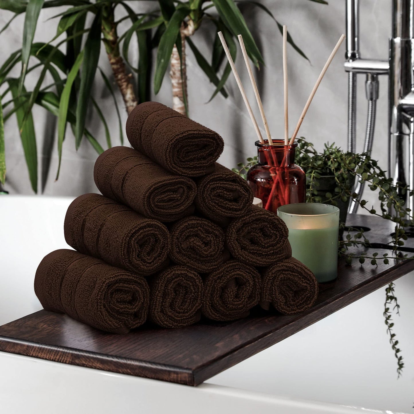 Utopia Towels, 12 Pack Viscose Luxury Wash Cloths Set, 12 by 12 Inches, 100% Cotton Ring Spun, Highly Absorbent and Soft Feel Essential Washcloths for Bathroom, Face Towel, Gym and Spa, Brown