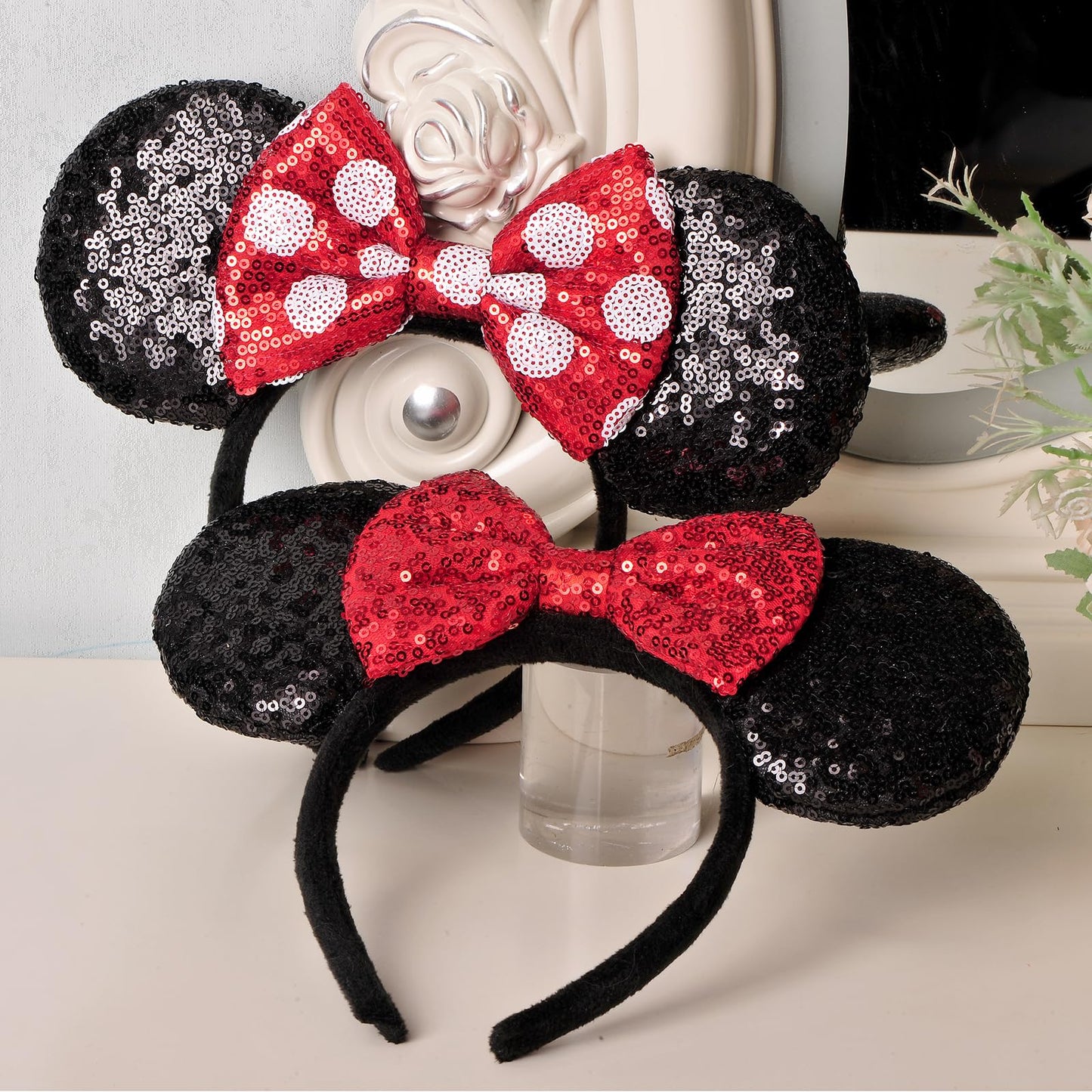 Seamoy Mouse Ears headband,2pcs Sequin Headband Glitter Hairband for Baby Shower Headwear Halloween Theme Party Decoration(Red&Polka dot)