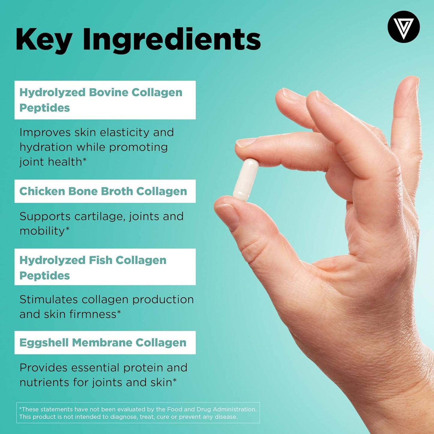 Vital Vitamins Multi Collagen Supplement - Types I, II, III, V, X - Grass Fed & Non-GMO - 150 Capsules