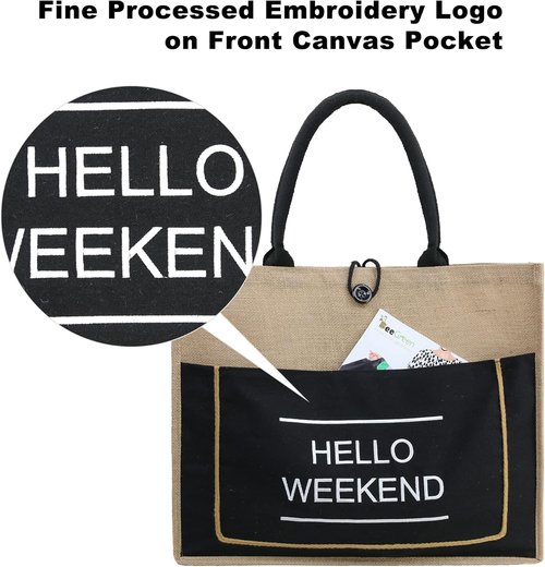 BeeGreen Jute Beach Bag - Extra Large 20'' x 16'' x 7.25'' Tote with Inner Zipper Pocket | Personalized Black Burlap Design