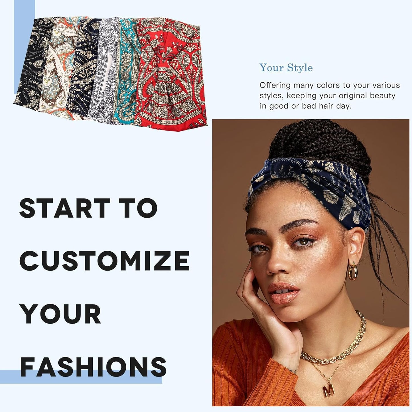 Yeshan Women's Wide Boho Knotted Non-Slip Turban Headwraps - Stretchy Bandeau Hair Bands for Sports, Yoga, Workouts, Pack of 8