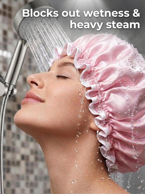 Aquior Waterproof Shower Caps for Women - Reusable Hair Cap with Soft Elastic | Large Pink Design for Long Hair