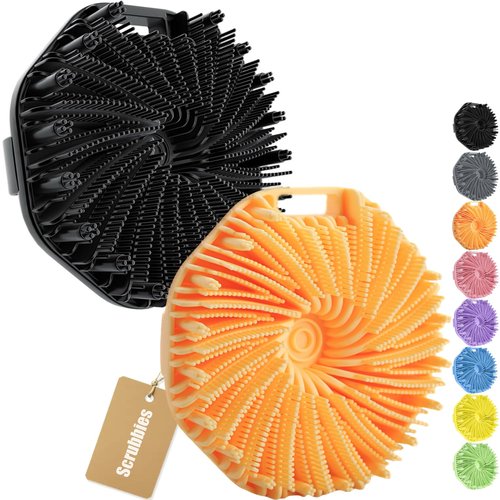 2PCS Scrubbies - Scrubbies The Sud Bud,Silicone Body Scrubber, Exfoliating Body Scrubber for Sensitive Skin, Scrubbies for Body, Silicone Body Brush for Showering, Charcoal (Black + Orange)