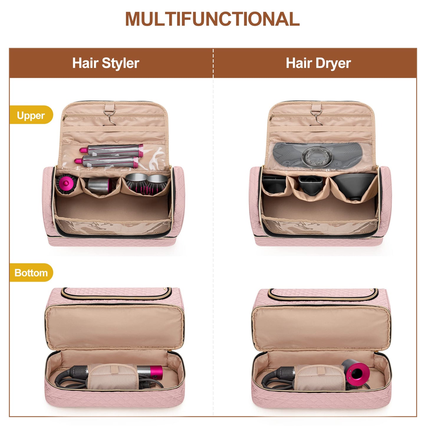 Yarwo Double-layer Storage Bag Compatible with Dyson Airwrap Multi-styler Complete Long and Attachments, Portable Travel Case with Hanging Hook for Hair Curler Accessories, Dusty Rose (Bag Only)