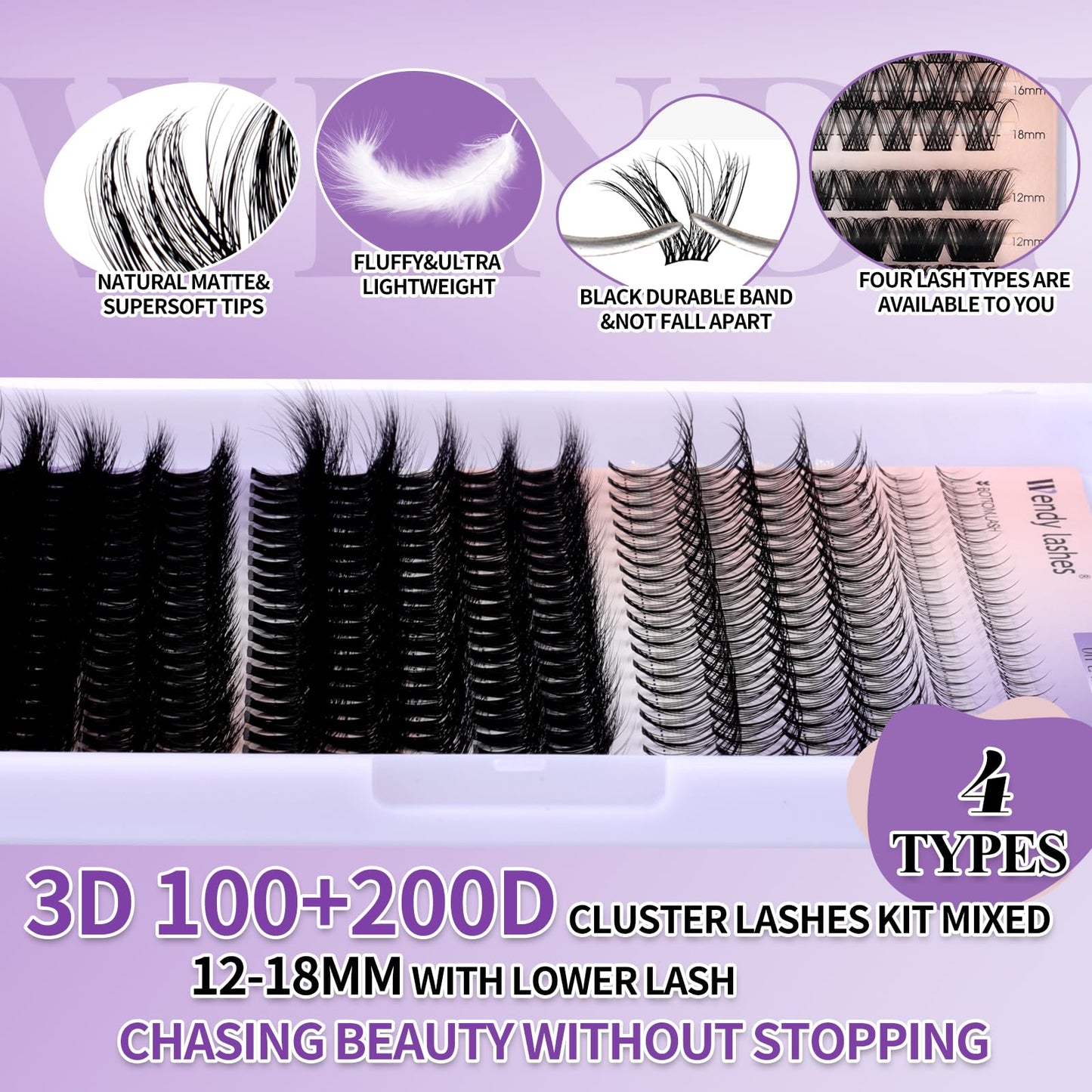 Lash Clusters With Bottom Lashes 100/200D 3D Curl 12-18mm Multi-types Individual Clusters Eyelash Extensions, Spike, Wispy Lash clusters(100/200D-3D)