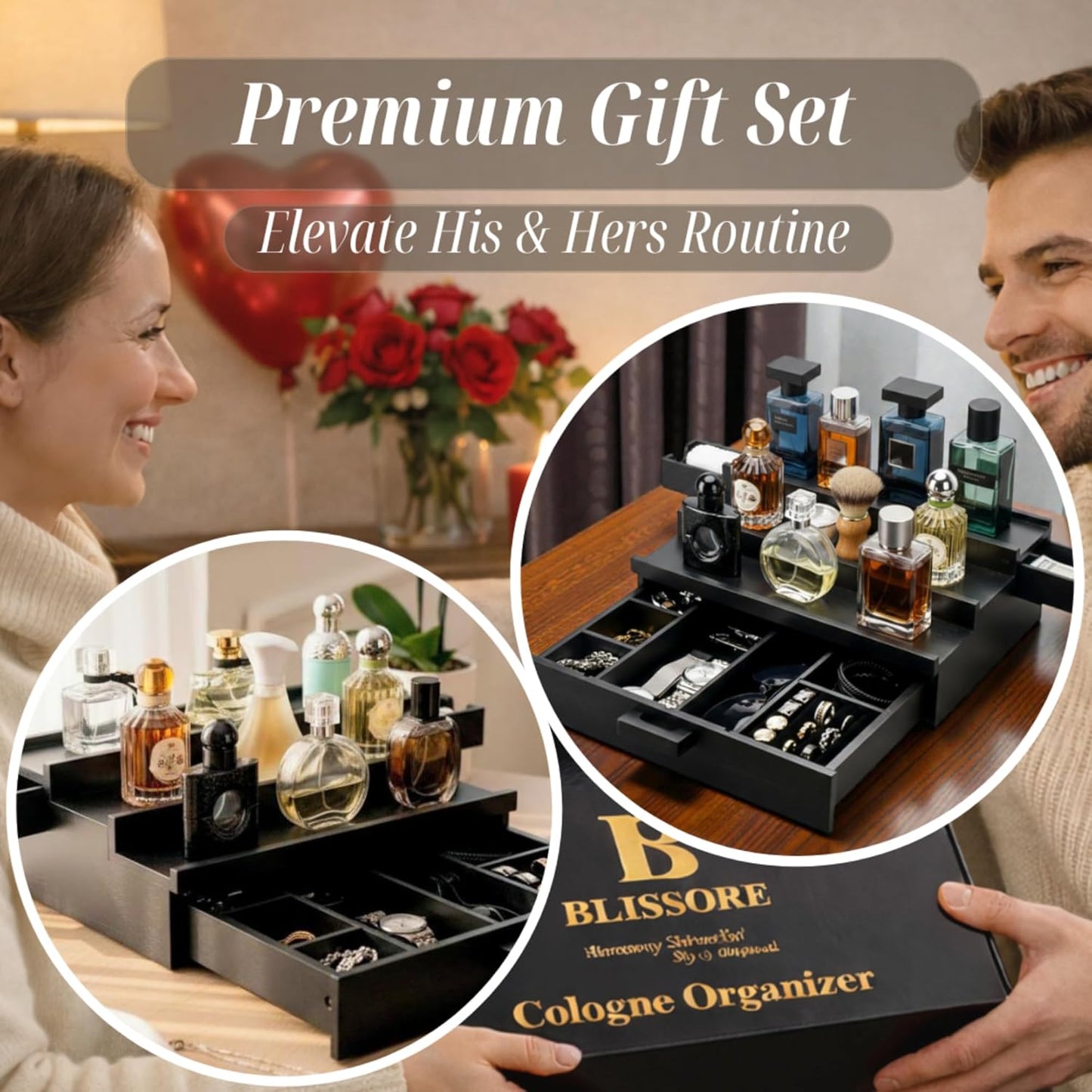 Skiennix Cologne Organizer for Men - Premium Stand with 2 Side-Opening Drawers & Jewelry Storage | Perfect Gift Idea