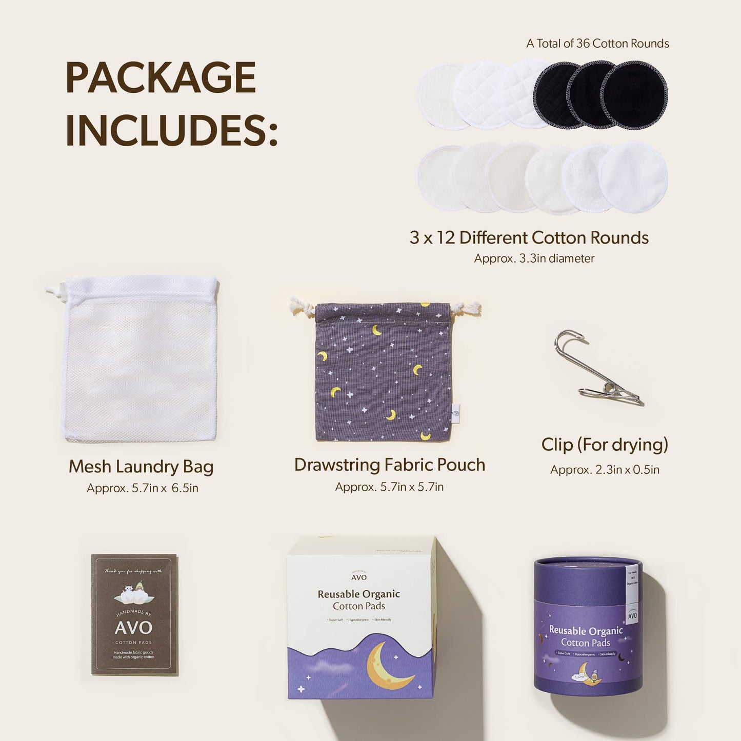 Handmade by AVO - Reusable Pads, Makeup Remover, Organic Cotton Rounds, Pads Facial Rounds Fabric Pouch Laundry Bag (Moon&Star Set)