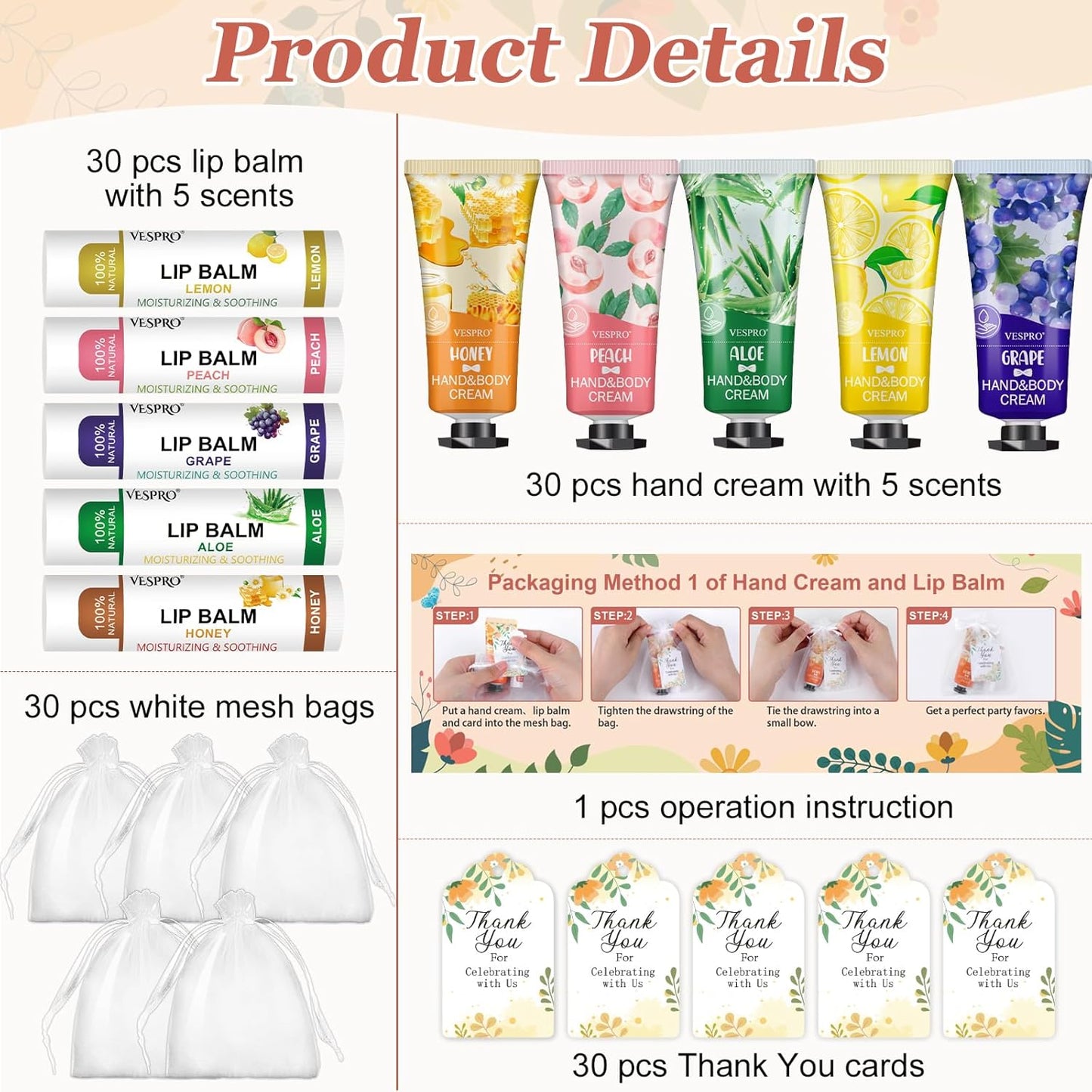 VESPRO Hand Cream & Lip Balm Set - 30 Pack with Thank You Cards & Organza Bags | Perfect for Mother's Day, Weddings & Gifts