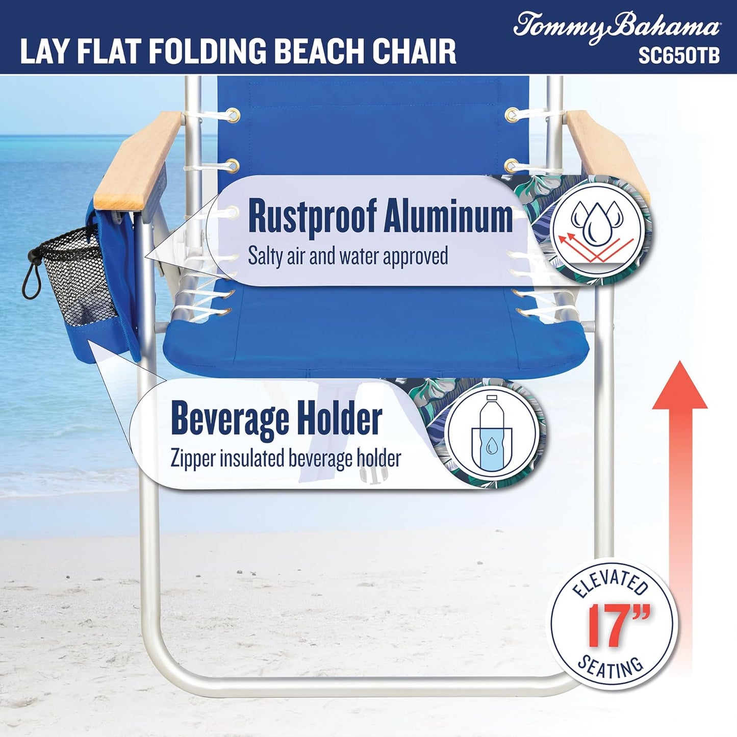 Tommy Bahama Folding Beach Chair - Hi-Boy 17" Seat Height with 4-Position Lace-Up Suspension