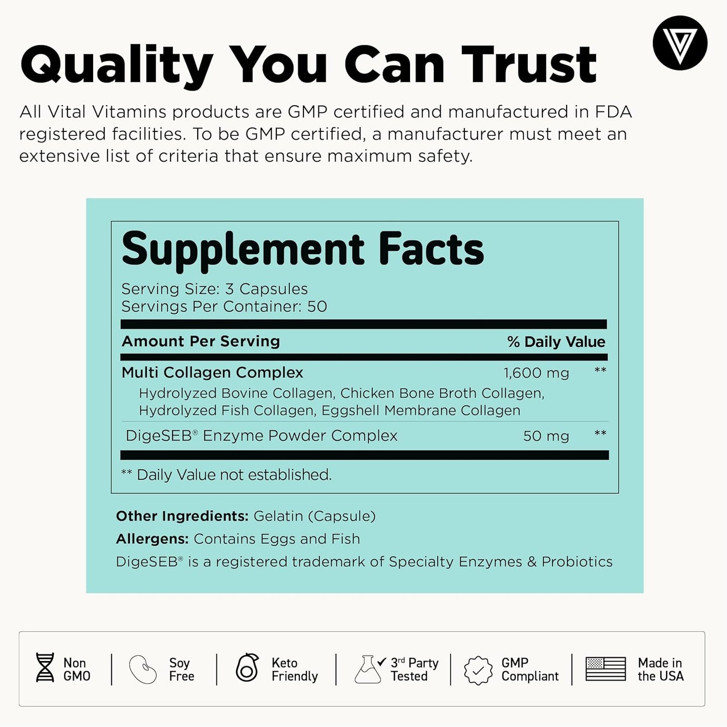 Vital Vitamins Multi Collagen Supplement - Types I, II, III, V, X - Grass Fed & Non-GMO - 150 Capsules