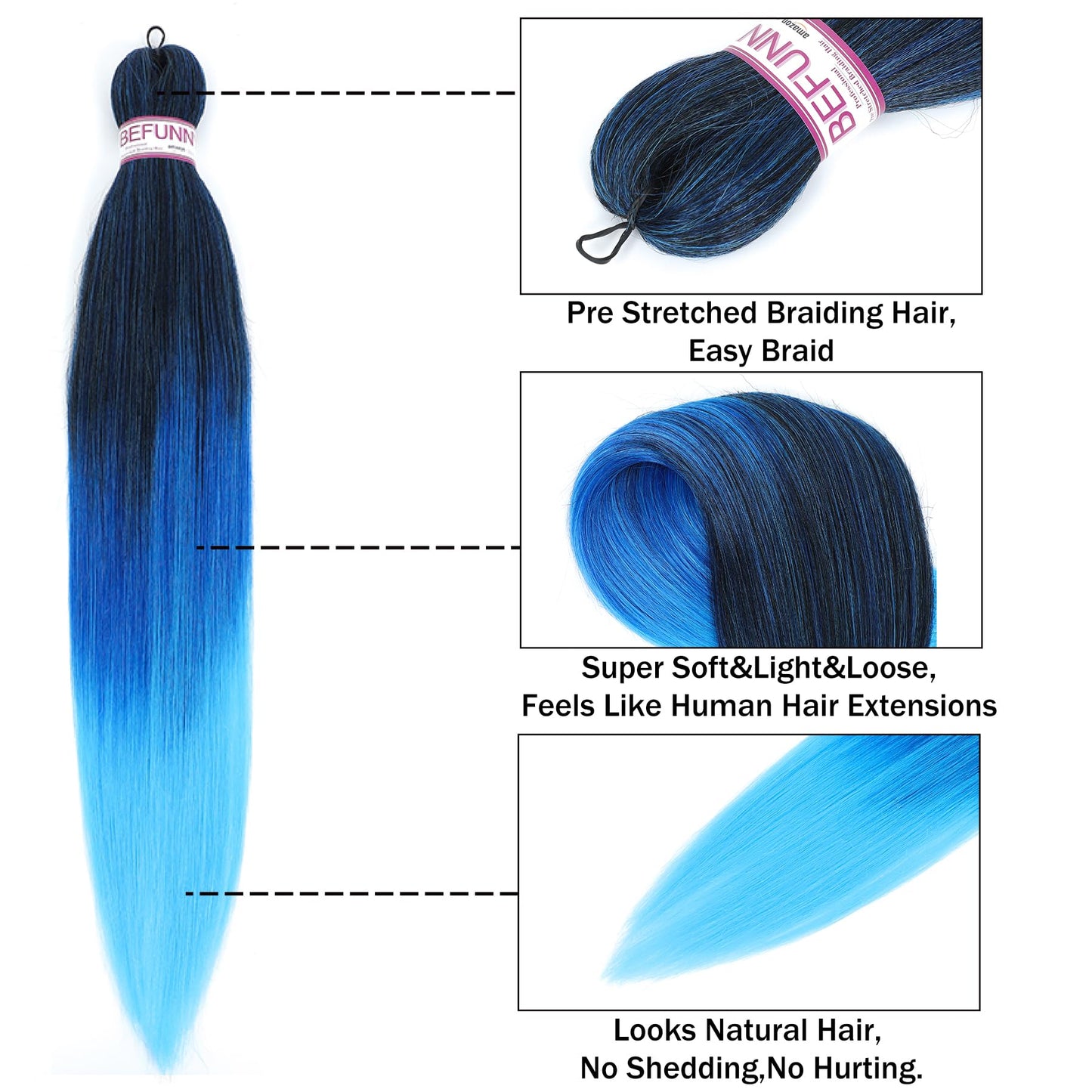 BEFUNNY Braiding Hair,24 Inch 3 Packs Three Tone Blue Pre Stretched Braiding Hair,Prestretched Braiding Hair For Women Hair,Professional Yaki Synthetic Hair Extension(3pcs,Blue/L Blue)