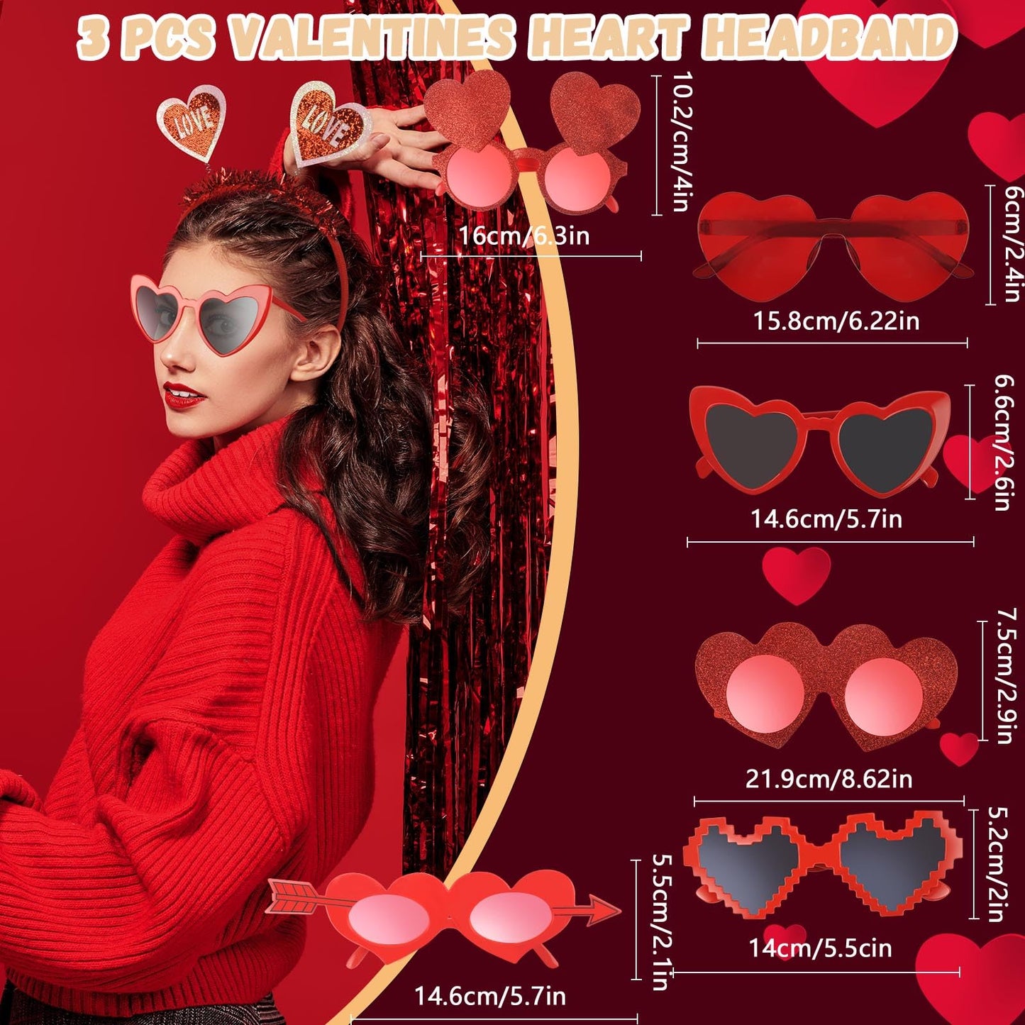 12 Pcs Heart Headbands and Heart Sunglasses, Valentine's Day Heart Boppers, Cupid Hair Hoop Heart Eyeglasses Headwear Headdress, Valentine's Costume Accessories