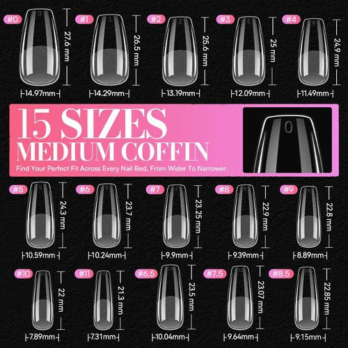 Makartt Medium Coffin Nail Tips: 504 PCS Pre-Etched Clear False Nails Tips, 15 Sizes Full Cover Half Matte Soft Acrylic Press On Nail Extensions Supplies Salon and DIY at Home