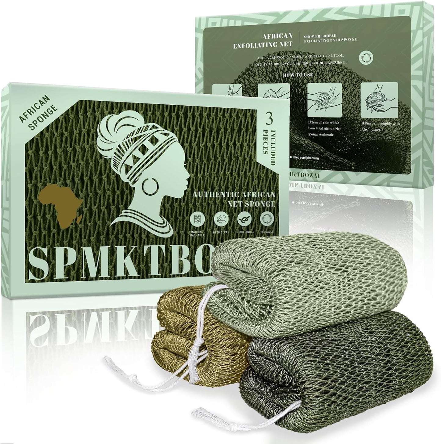 SPMKTBOZAI African Net Sponge - Authentic 3 Pack Shower Loofah | Gentle Exfoliation for Daily Body Care