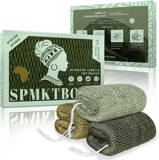 SPMKTBOZAI African Net Sponge - Authentic 3 Pack Shower Loofah | Gentle Exfoliation for Daily Body Care