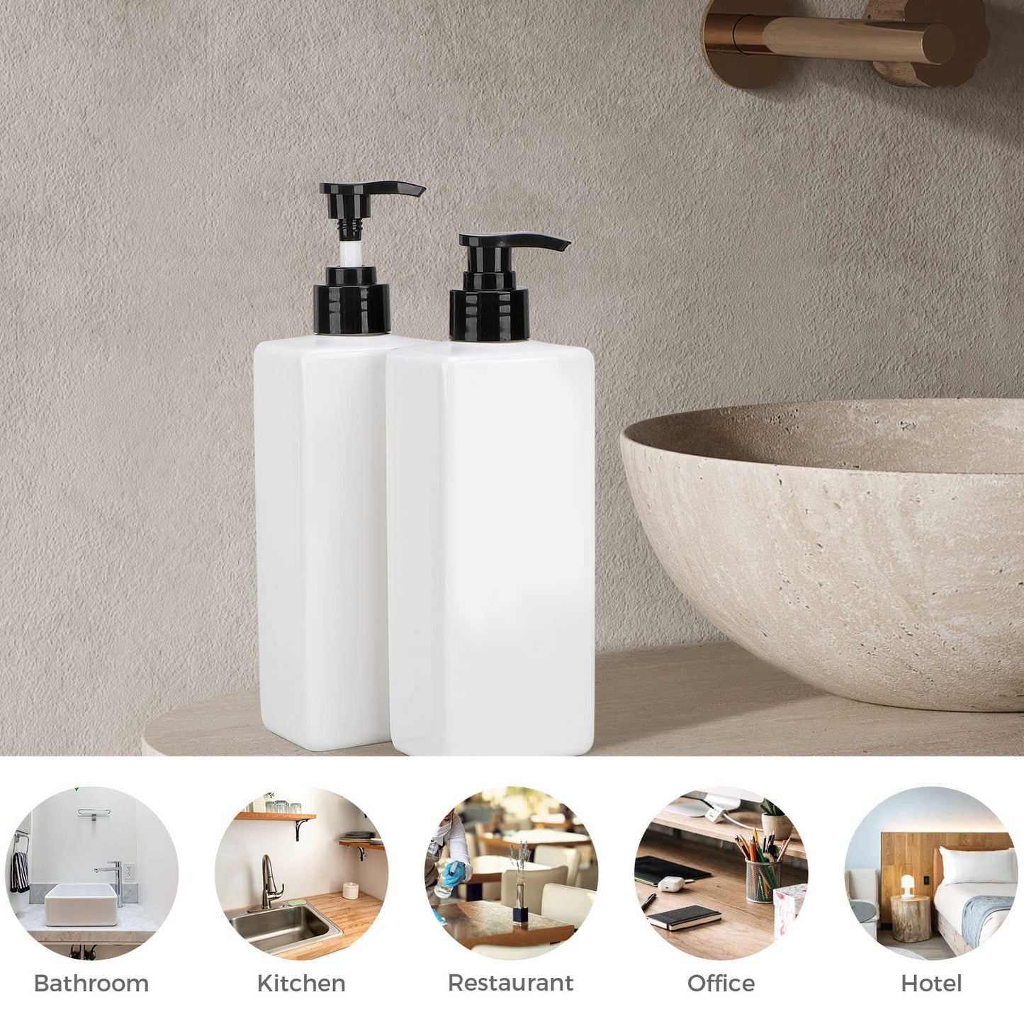 Suream 3Pack Empty Plastic Bottles with Pump, 16.9oz Refillable Shampoo Bottles for Shower, Lotion Press Dispenser, White Countertop Container for Shampoo, Conditioner, Body Soap, Hand Sanitizer, Oil