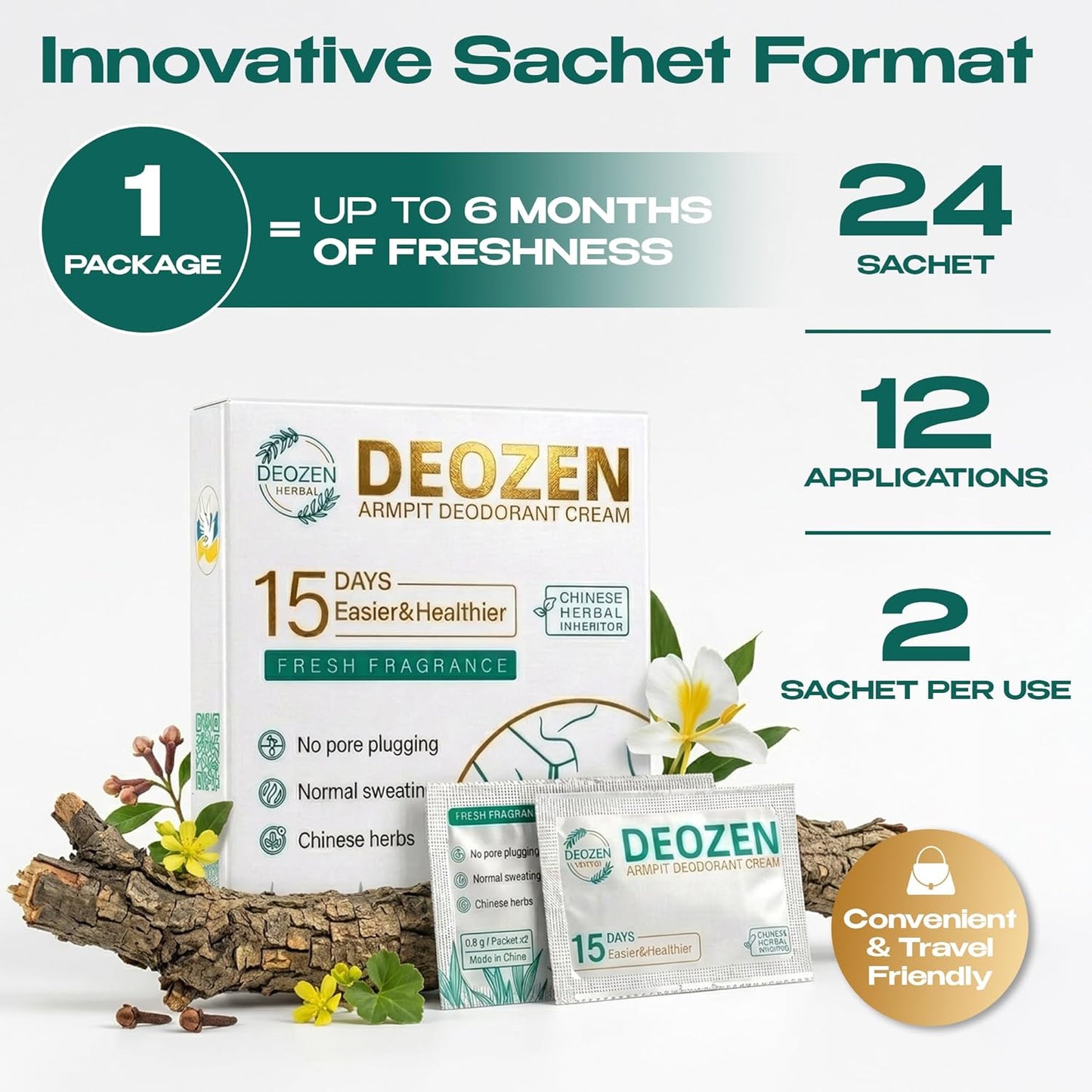 Skiennix Natural Aluminum-Free Deodorant Cream | 15 Days Odor Protection | 24 Sachets, 12 Applications