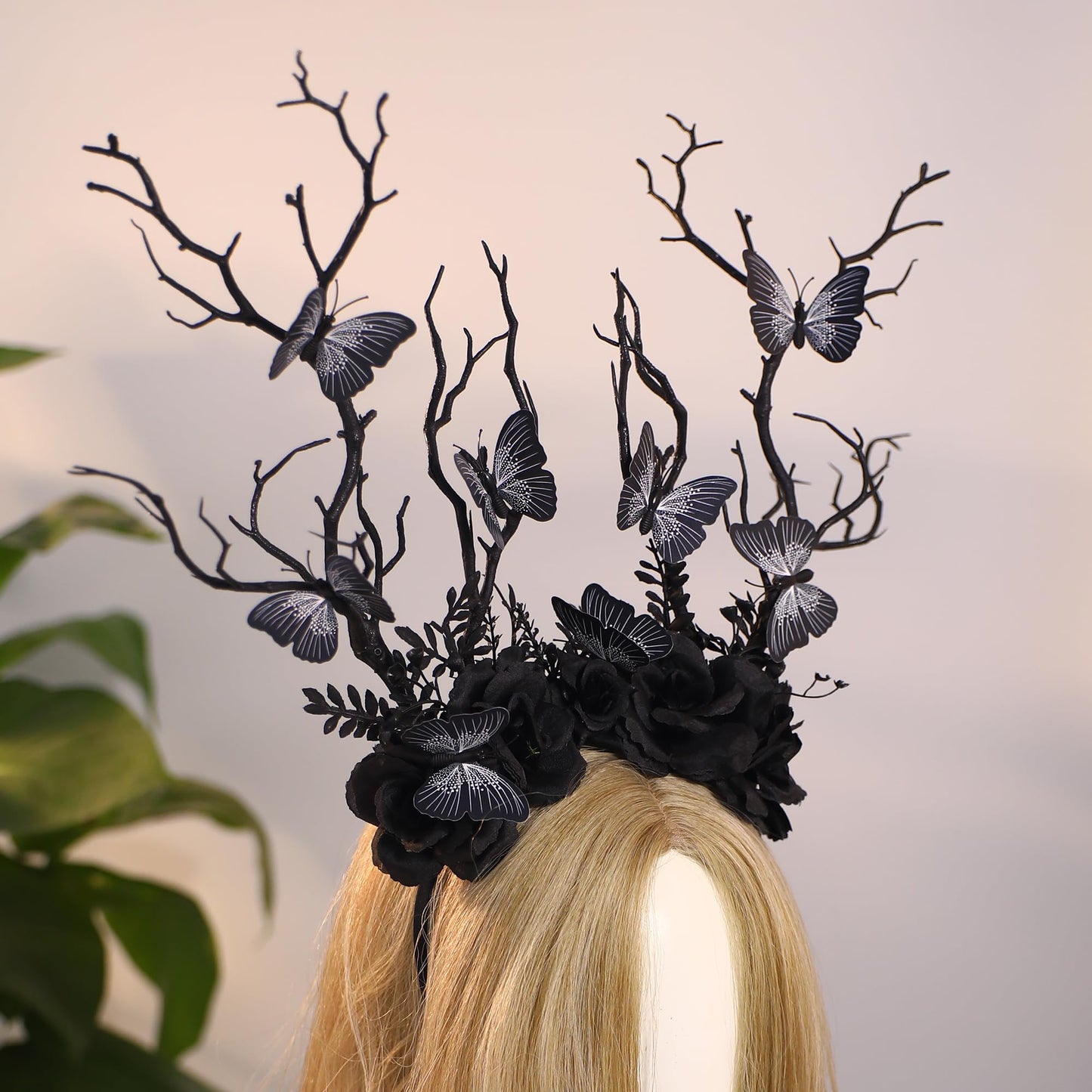 MOSTORY Black Butterfly Branch Headband - Handmade Dark Woodland Hairband Gothic Forest Tree Crown for Women Girls Cosplay Renaissance Mardi Gras Carnival Photo Props