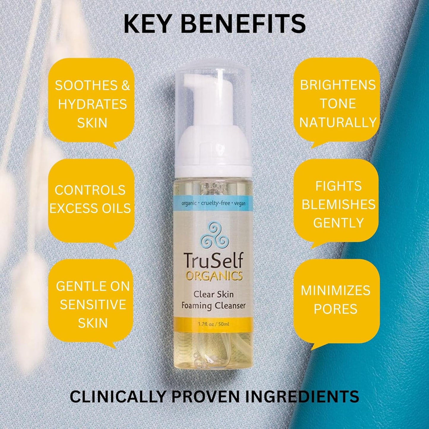 TruSelf Organics Deep Cleansing Face Wash - Acne Fighting Foaming Cleanser for Oily Skin - Vegan Tea Tree Oil Pore Control, Travel Size 1.7 oz