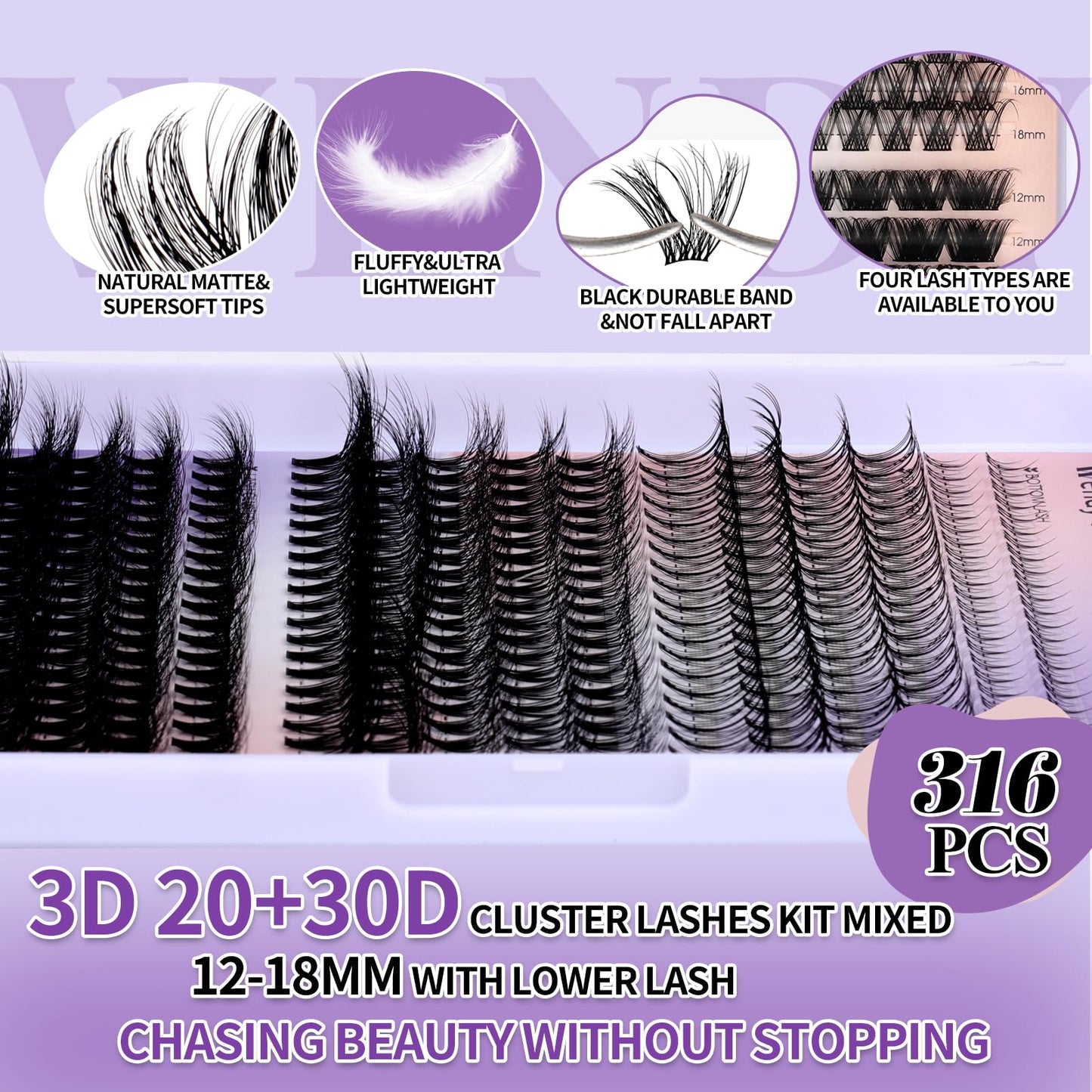 Lash Clusters Kit With Bottom Lashes 20/30D 3D Curl DIY Lash Extension Kit 12-18mm Multi-types Individual Lashes Bond and Seal, Spike, Volume Lashes Kit Lash Applicator(20/30 3DKit)