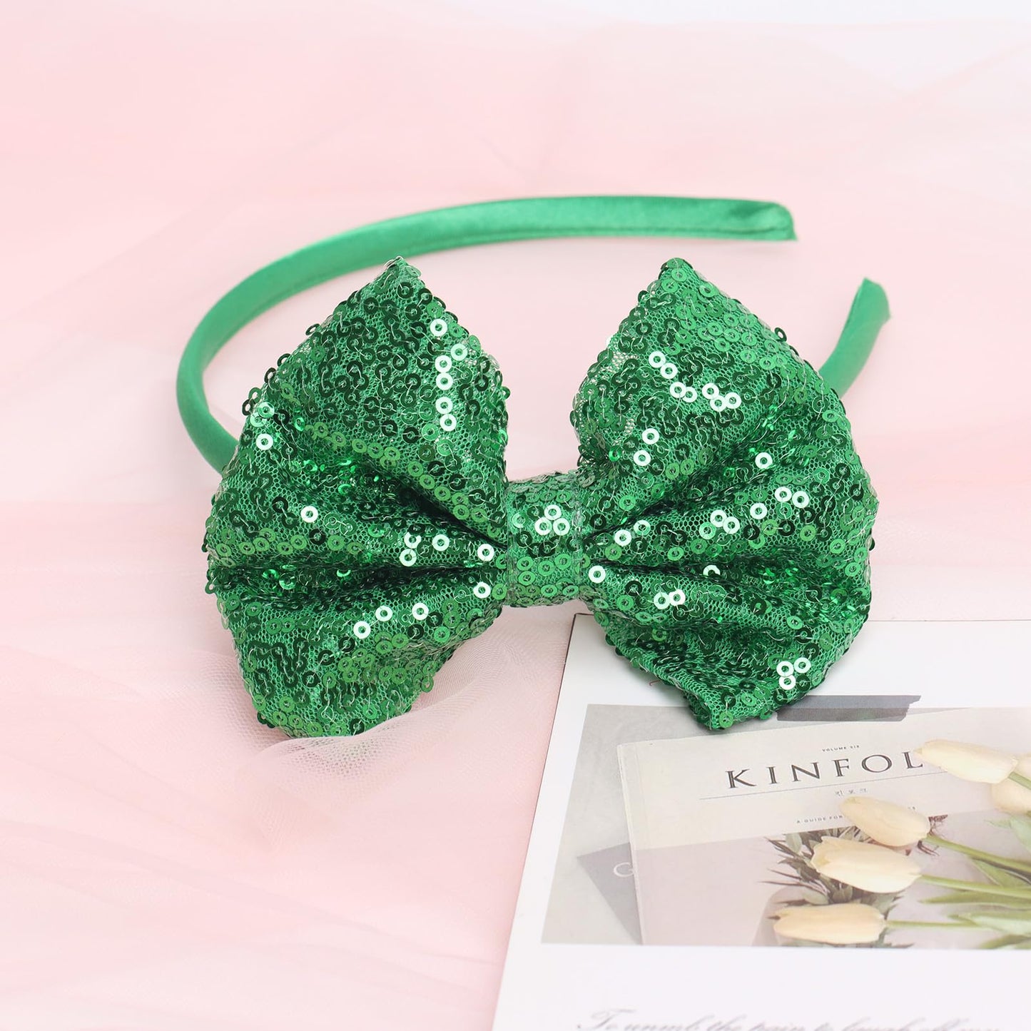 Kiszu Sparkly Sequin Hair Bow Headbands Fashion Glitter Cute Boutique Ribbon Bows for Girls, Kids, and Women (Christmas Green)