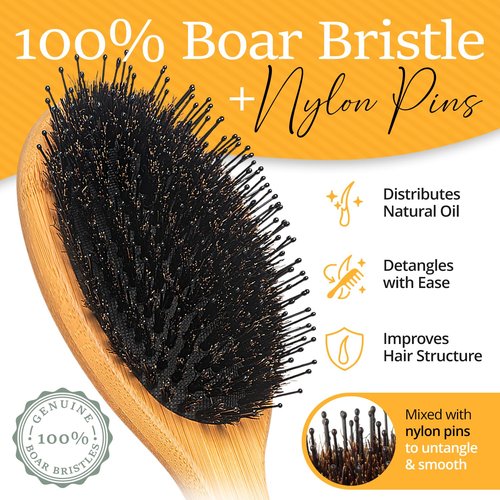 Premium Boar Bristle Hair Brush - Restore Shine & Health for Thick, Long, Curly Hair | Includes Comb, Travel Bag & Spa Headband