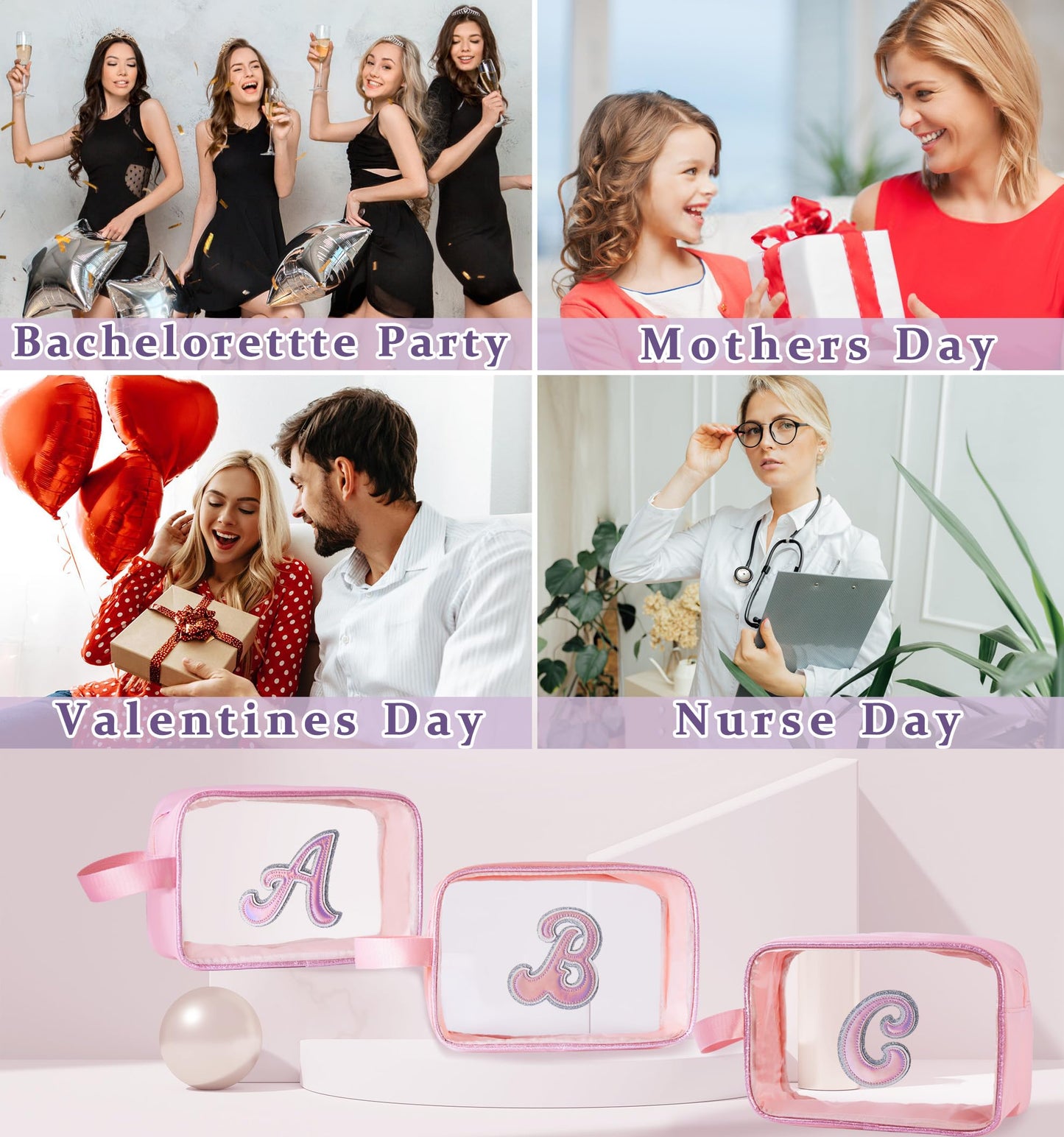 COSHAYSOO Clear Makeup Bag Preppy Initial Letter Cosmetic Toiletry Sunscreen Pouch Travel Essential Accessories Gifts for Women Girls Summer Camp Vacation Beach Pool Lake Hiking Road Trip Pink F