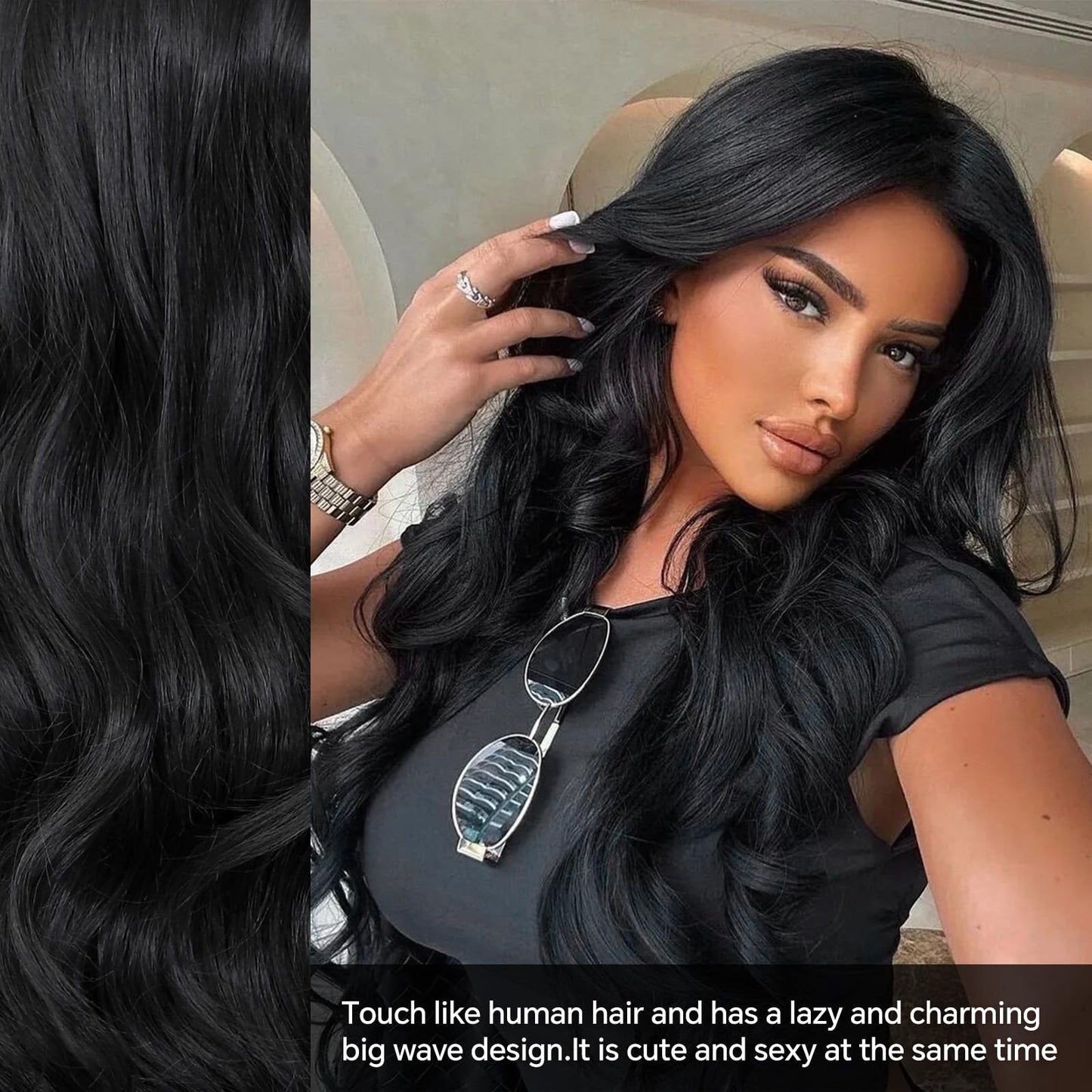 Svolna Lace Front Wig with Bangs Long Wavy Lace Wigs for Women Natural Black Synthetic Middle Part Layered Wavy Front Lace Wigs Fringe 26 Inch (Black)