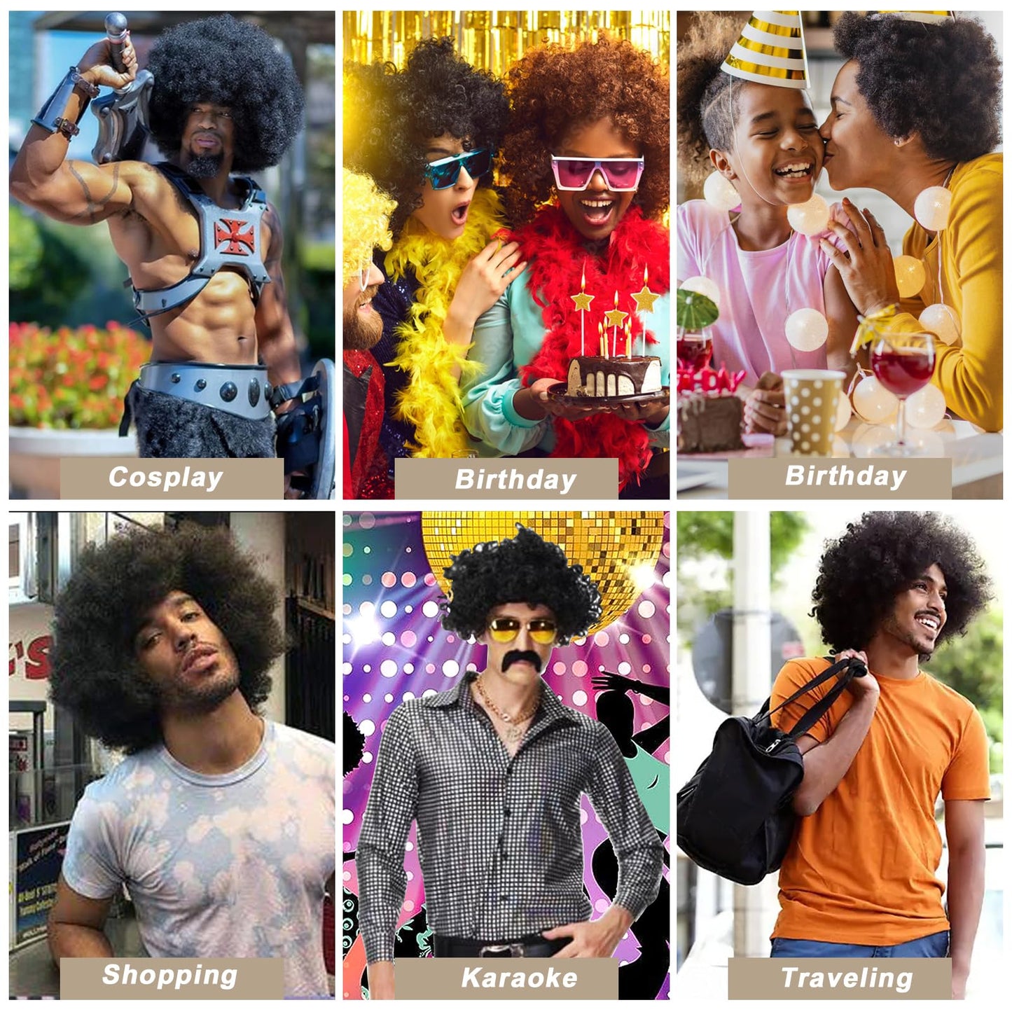 5Pcs 70s 80s Disco Wigs Set with Mustache Sunglasses Gold Chain Hairnet, Brown Afro Short Hair Synthetic Mullet Toupee for Adult Mens 50s 60s Singer Rocker Hippies Costumes Cosplay Halloween Party