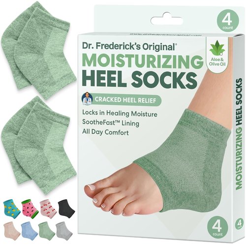 Dr. Frederick's Moisturizing Heel Socks - Olive Oil & Vitamin E Infused for Dry Cracked Heels - 2 Pairs - Green Aloe