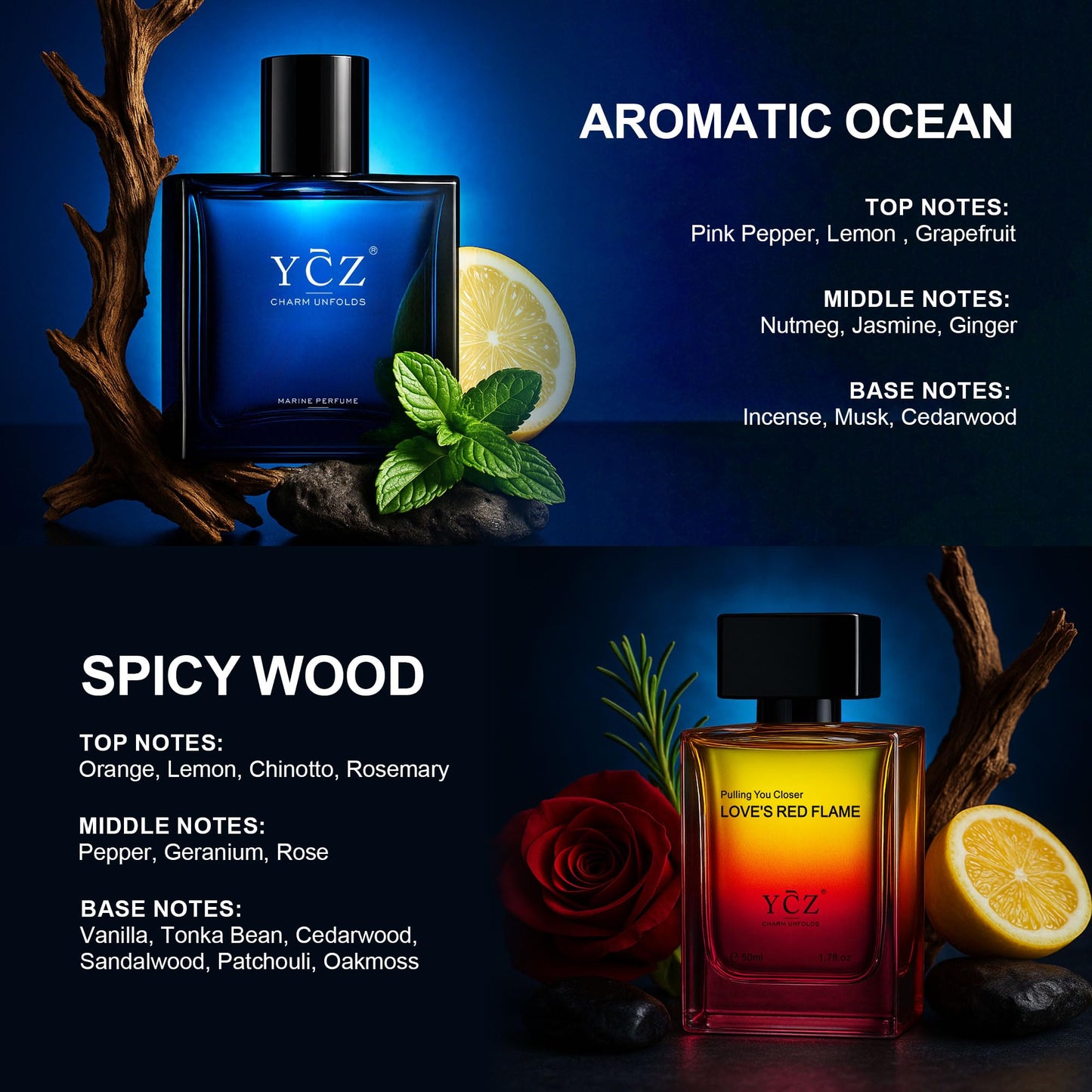 Ycz Men's Cologne Set, 1.7oz(50ml) Bottled Marine Perfume and Borrowing Fire Men Perfume, Long Lasting Eau De Parfum Cologne for Men, Oriental Woody Orange Fragrance, is Christmas Gifts Ideal