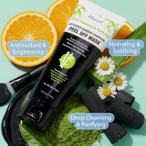 Ebanel Charcoal Peel Off Face Mask Applicator Set - Deep Cleansing Blackhead Remover with Niacinamide & Vitamin C