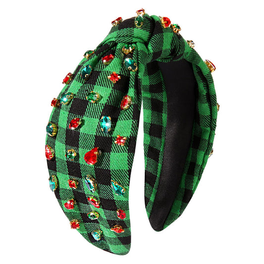 Christmas Holiday Headband for Women Rhinestone Crystal Knotted Headband Embellished Red Green Plaid Top Knot Headband Christmas Hair Accessories Holiday Outfits Festive Party Gifts (Christmas 2)