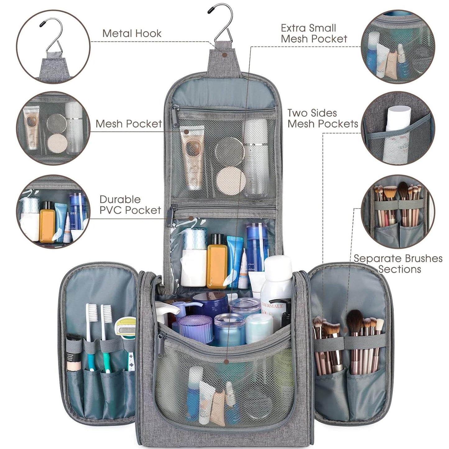 Hanging Toiletry Bag for Women Travel Makeup Bag Organizer Toiletries Bag Men for Cosmetics Essentials Accessories (Large, Grey)