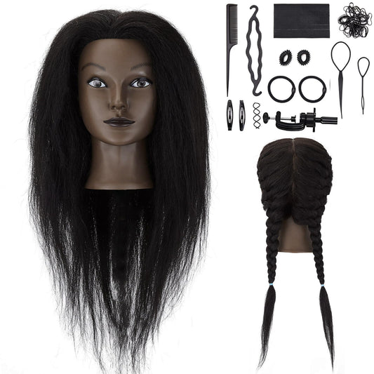 18'' Mannequin Head with Human Hair Cosmetology Manikin Doll Head with 100% Real Human Hair for Braiding Hairdresser Practice Styling with Free Table Clamp Stand