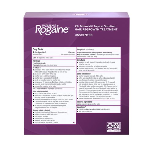 Women's Rogaine 2% Minoxidil Topical Solution for Hair Thinning and Loss, Topical Treatment for Women's Hair Regrowth, 3-Month Supply, Unscented