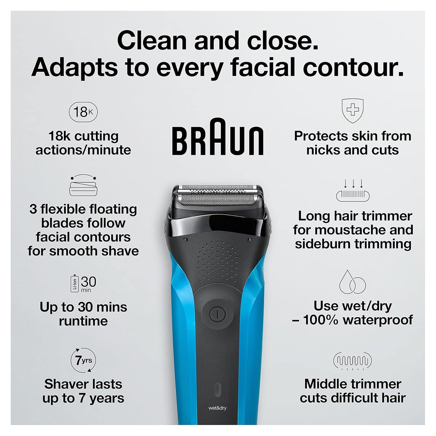 Series 3 3010s Electric Shaver for Men - Wet & Dry Rechargeable Razor in Blue