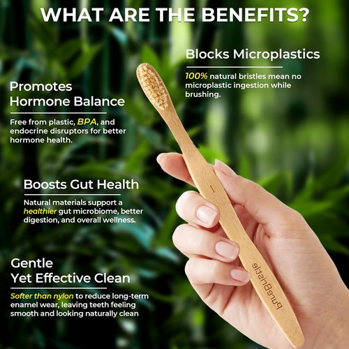 PureBristle Boar Bristle Bamboo Toothbrushes 4-Pack, 100% Biodegradable Plastic Nylon Free, Eco-Friendly Manual Toothbrushes for Adults & Kids, Medium Firmness